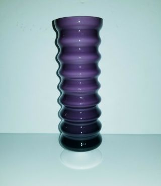 Vintage Cased MCM Art Glass Vase purple white rings 3