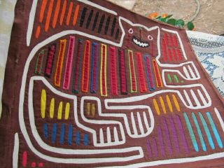 REVERSE APPLIQUE MOLA FOLK ART TEXTILE KUNA INDIAN PANAMA GRINNING CAT 15X16 