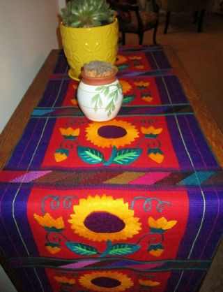 Vtg Hand Embroidered Southwest Woven Wool Mexican Sunflower Floral Table Runner