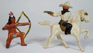 Vintage 30s Barclay Toy Lead Painted Cowboy On Horse & Indian W/ Bow & Arrow