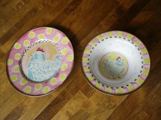 Mackenzie - Childs Yellow & Pink Enameled Bowl & Plate With Chicken Design