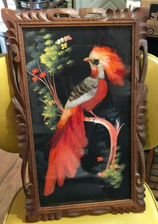 Vintage Mexican Feathercraft Bird On Branch Folk Art Wooden Frame Picture