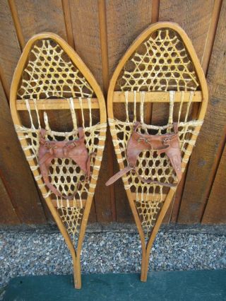 Great Vintage Snowshoes 42 " Long X 11 " Wide With Leather Binding Ready To Use