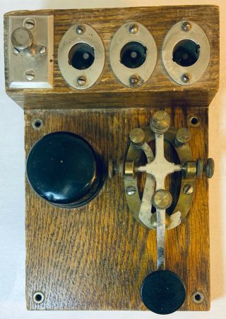 Vintage Practice Brass Telegraph Key And Buzzer Mounted On 5 X 7 - 1/2 " Solid Oak