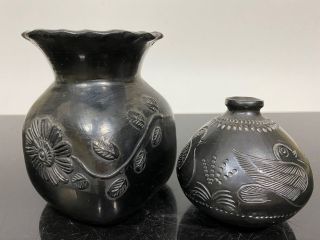 Vtg 2pc Signed Dona Rosa Black Art Pottery Miniature Vessel Pot Bowl Vases