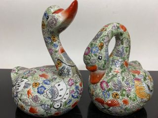 Vtg 2pc Chinese Pair Peking Duck Painted Porcelain Goose Bird Figurines