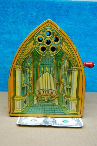 Vintage Hand Crank Church Cathedral Tin Litho Organ Music Toy 1960 