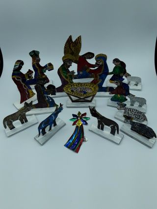 Vtg.  15 Piece Mexican Folk Art Hand Crafted & Painted Tin Christmas Nativity Set