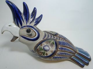 Large Signed Mexican Pottery Hand Painted Folk Art Parrot Bird Blue Gray 15 "