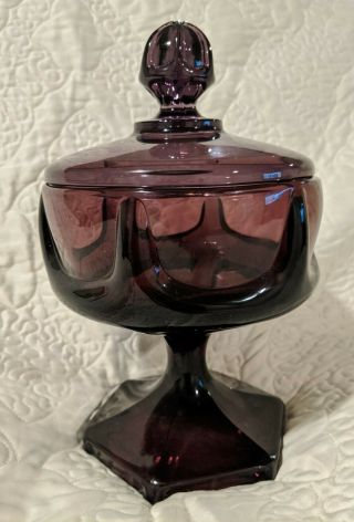 Vintage Viking Glass Plum Color Candy Dish With Lid,  Epic Column Ribbed Pattern