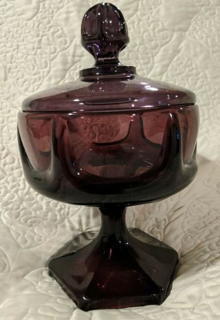 Vintage VIKING Glass PLUM COLOR Candy Dish With Lid,  Epic Column Ribbed Pattern 2