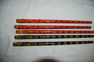 5 Kirchhof Vintage Tin And Wood Toy Saxa Flutes 3 Red 2 Black