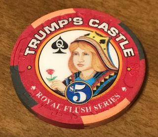 $5 Trump Castle Casino Chip Royal Flush Series Queen Spades Atlantic City Unc.