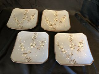 4 Vintage Signed Sousaku Cherry Blossom Pale Blue Square Plates Handmade Japan