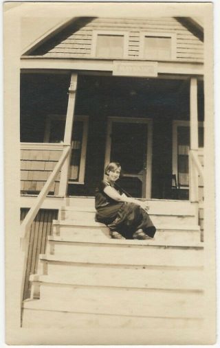 1920s Stylish Young Woman Ready For Party On Front Porch Steps Snapshot