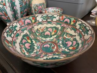 Vintage Large Chinese Bowl Decorated In Hong Kong Famille Rose (lovely) 8.  5 "