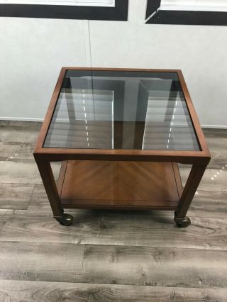 Vintage Drexel Wood Glass Top Coffee Side Table Wheels Shelf 19 " X19 " X 16.  5 " Tall