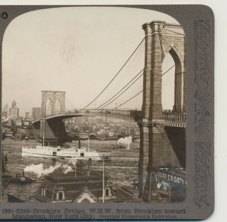 City Of Brockton Steamer Brooklyn Bridge York Ny Underwood Stereoview C1900