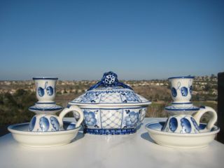 Russian Gzhel Blue White Porcelain Hand Painted Candy Bowl Candle Holders