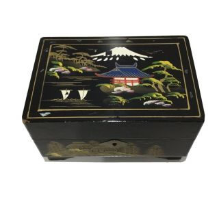 Vintage Black Lacquer Hand Painted Japanese Jewelry Box Spinning Ballerina