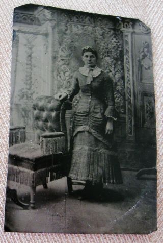 Tintype Photo Lovely Young Woman In Pretty Pleated Dress Trompe L 