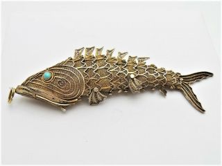 Vtg 1950s 60s Chinese Export Gilt Sterling Silver Articulated 4 " Fish Pendant
