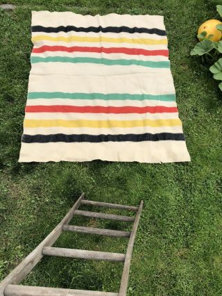 Vintage Wool Trade Blanket Beige W/red Green Yellow Black Stripes 64”x83”