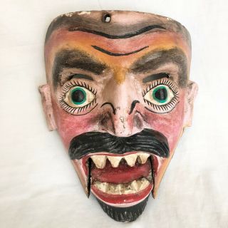 Vintage Mexican Folk Art Carved Wood Dance Mask Hand Painted Moveable Jaw