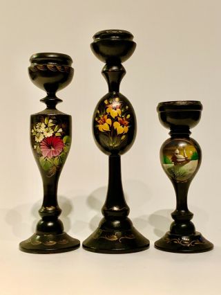 3 Hand Painted Wooden Russian Lacquer Candlesticks,  Traditional Khokhloma Design