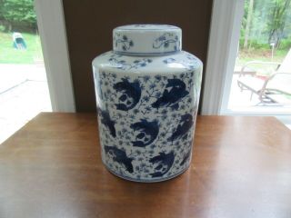 Vintage Chinese Porcelain Blue & White Large Ginger Jar Coy Fish Asian