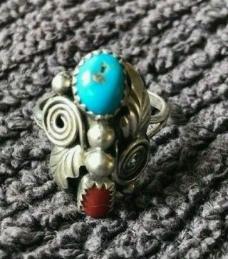 Vintage Sterling Silver And Turquoise/coral Native American Ring Sz 8