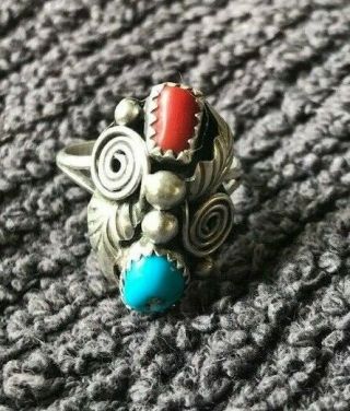 Vintage Sterling Silver and Turquoise/Coral Native American Ring sz 8 2