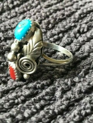 Vintage Sterling Silver and Turquoise/Coral Native American Ring sz 8 3
