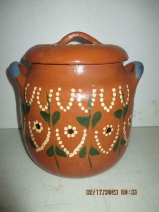 Folk Art Hand Made Red Clay Pottery Bean Pot W/lid Made In Mexico 9 " Tall 1 Gal.