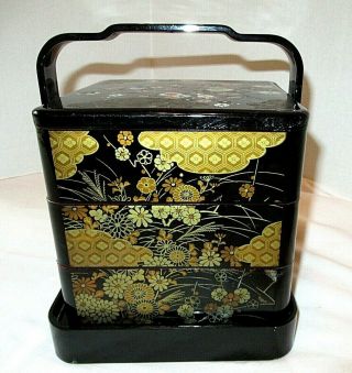 Vintage Asian 3 Tier Stacking Trinket Bento Jewelry Black Box With Carrier Japan