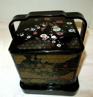 Vintage Asian 3 Tier Stacking Trinket Bento Jewelry Black Box with carrier Japan 2