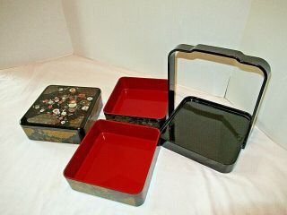 Vintage Asian 3 Tier Stacking Trinket Bento Jewelry Black Box with carrier Japan 3