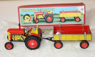 Vintage Schylling Tractor & Trailer - Wind - Up Tin Toy - Zetor - Box