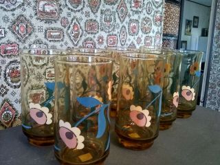 Set Of 8 Vintage Amber Tumblers Drinking Glasses Orange Yellow Flowers Blue