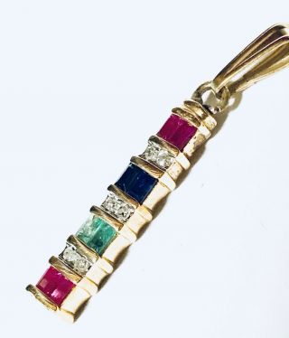 Vintage 14k Gold Diamond And Precious Gemstone Bar Pendant