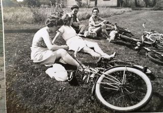 1936 Vintage Photo Cute Young Ladies Pose On Grass Bicycles At Ohio Lake Erie