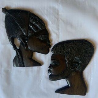 Vintage Carved Wood African Man Woman Couple Profile Silhouette Tribal Wall Art