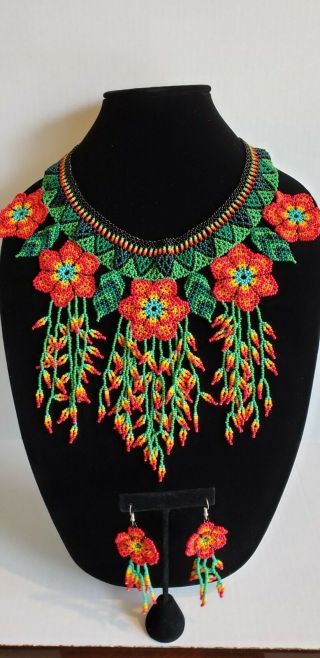 Huichol Indian Beaded Flowers Necklace Set Handmade Mexican Folk Art