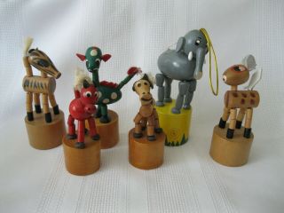 Six Vintage Wooden Push Puppets Deer Zebra Horse Cow Elephant Green Spotted