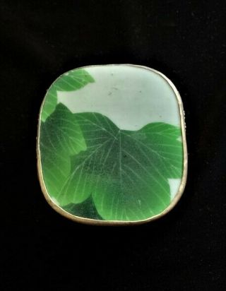 Vintage Chinese Porcelain Shard Silver Plate Trinket Box Deep Green Leaves 2.  5 "