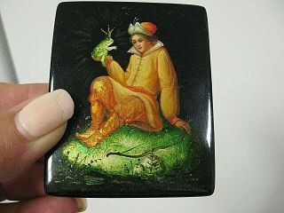 Vtg Russian Lacquer Hand - Painted Wooden Box Boy With Frog Signed