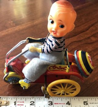 Boy On Tricycle Wind Up Toy Tin Litho Soft Rubber Ringing Bell Mg Japan