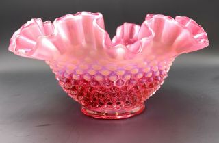 Fenton Vintage Pristine Cranberry Opalescent Hobnail Glass Ruffled Bowl Estate
