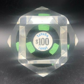 Vintage $100 Sahara Tahoe Casino Gaming Chip In Faceted Lucite Paperweight