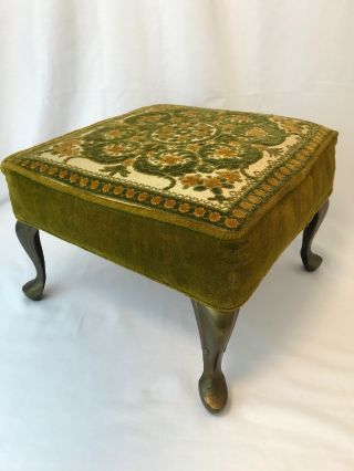 Vtg Mid Century Retro Footstool 1960s 70s Gold Green Chenille Floral Upholstery